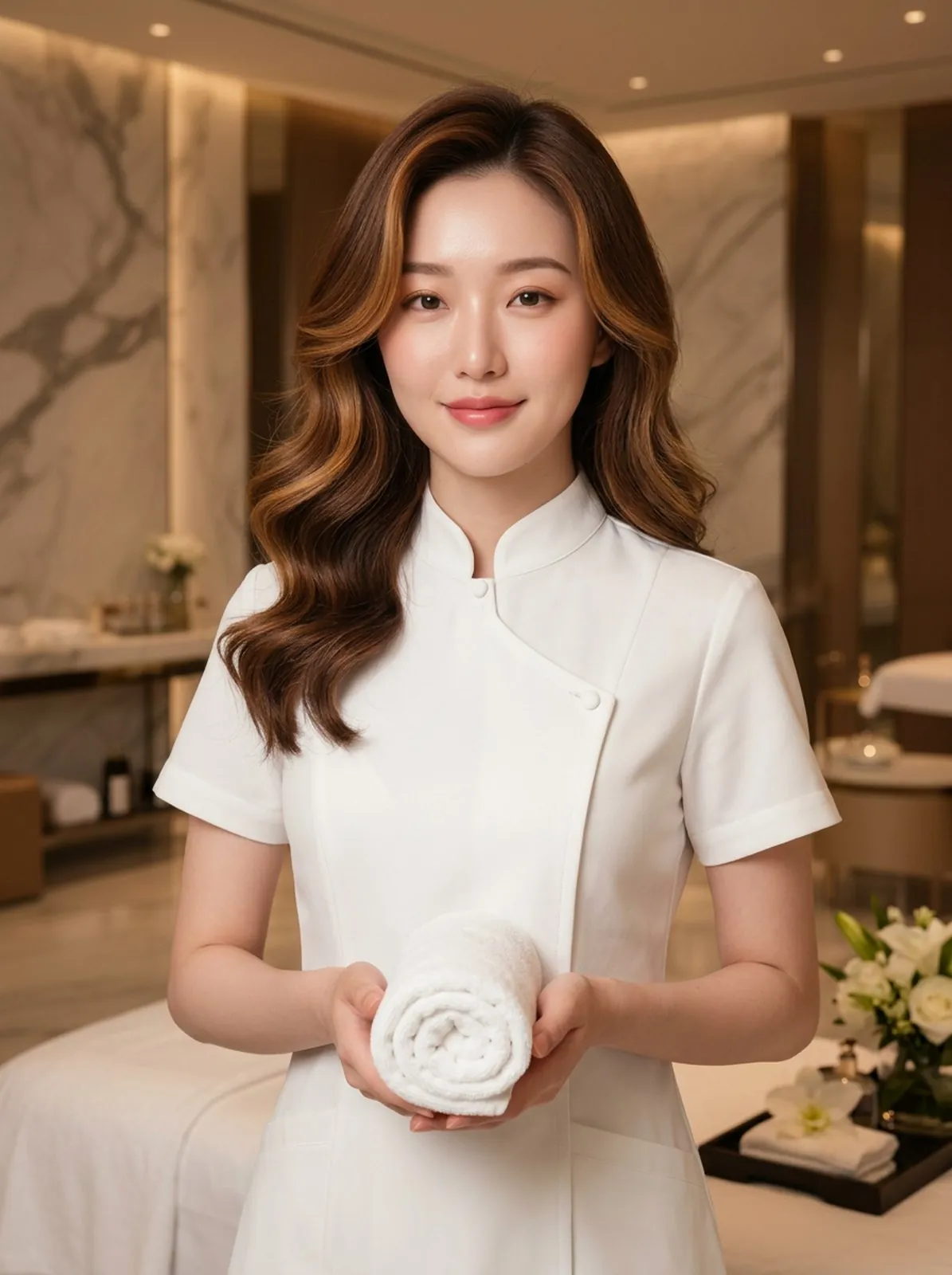 Jia delivering a hot stone relaxation massage in a Las Vegas hotel suite